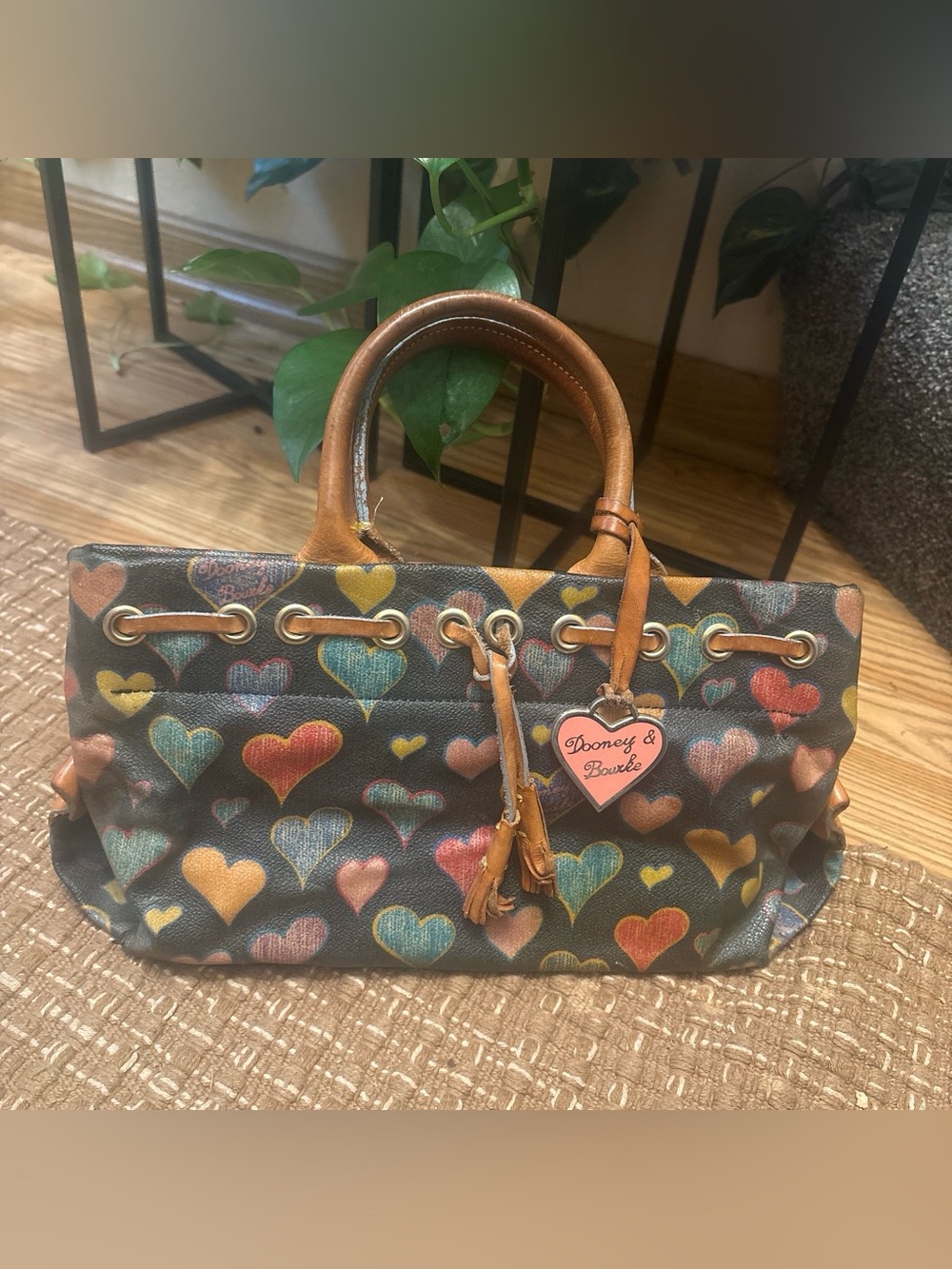 Dooney & Bourke Multicolor Heart Print Satchel with Tan Leather Handles